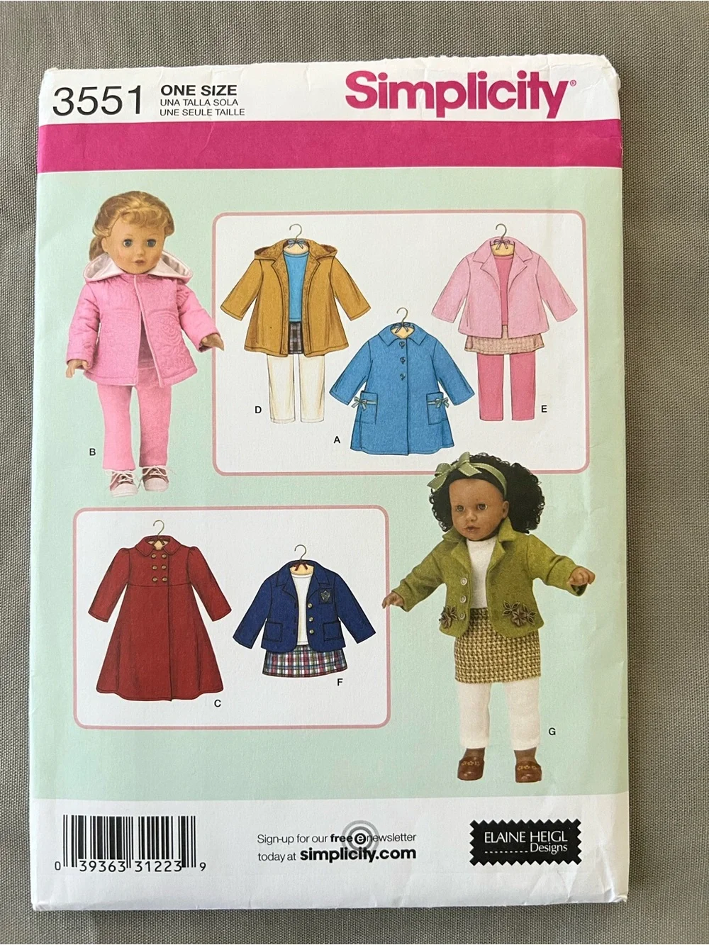 Simplicity Doll Coat & Outfit Pattern 3551 Outerwear for 18” Dolls